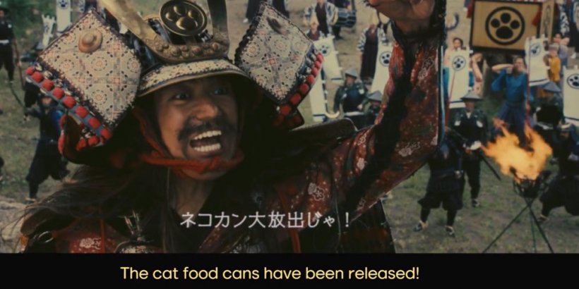 A samurai dramatically announces the release of cat food cans.