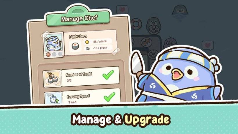 A penguin proudly displaying the Penguin Sushi Bar upgrade chart