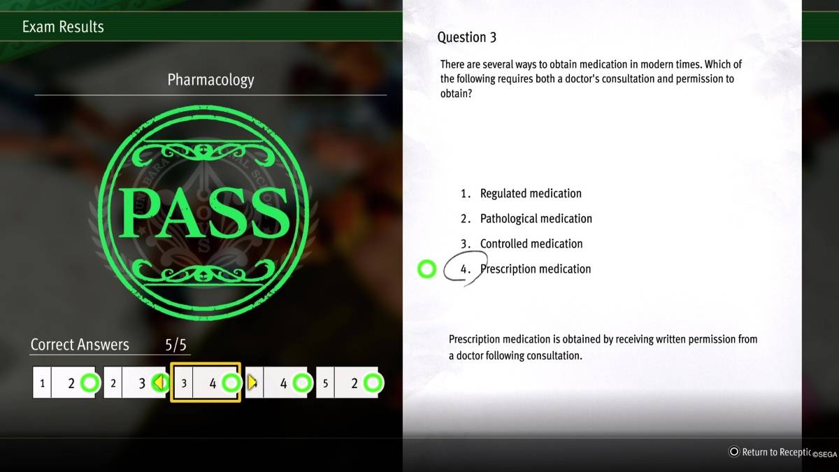 Pirate Yakuza in Hawaii gameplay of the Ounabara Vocational School, one of the right answers to the Pharmacology exam