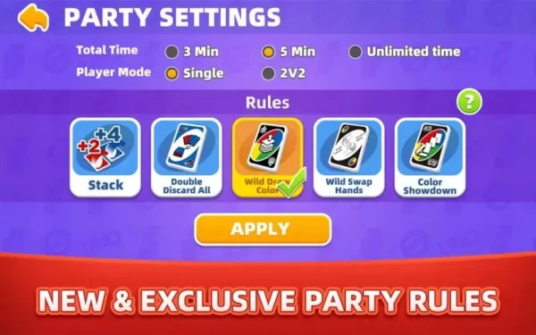 Screenshot of Uno: Arcade Edition showcasing special rule options like Wild Swap Hands
