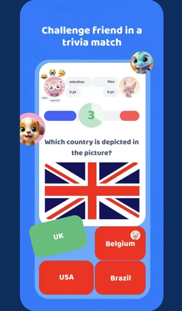 Union Jack Bayrağının hangi ülke olduğunu belirlemek için birden fazla cevap içeren bir sınav oyununun ekran görüntüsü.