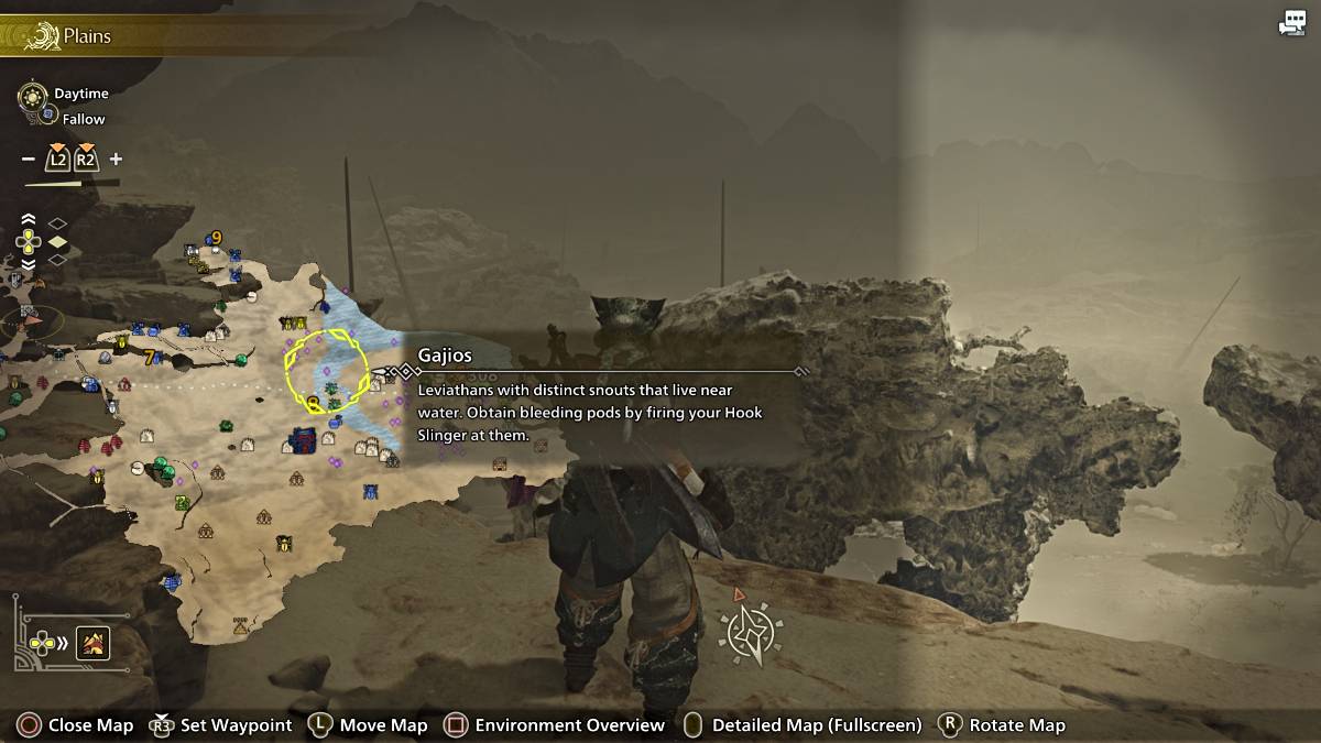 Gaijos marked on a map in Monster Hunter Wilds