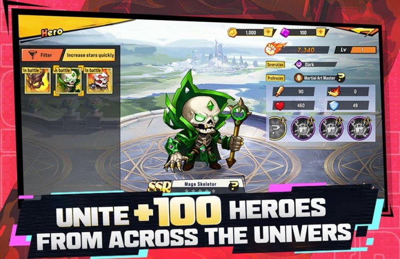 Heroes United游戏截图，显示一个骷髅法师被选中参战