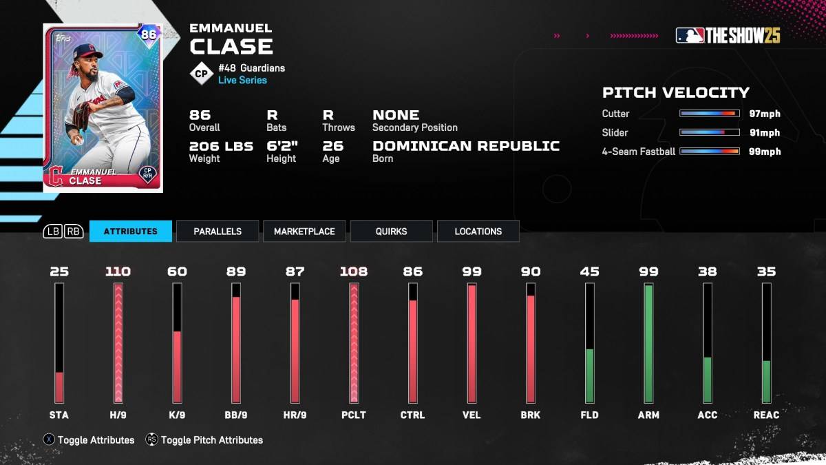 Si Emmanuel Clase bilang bahagi ng isang artikulo tungkol sa Best Diamond Dynasty Cards sa MLB ang palabas 25.