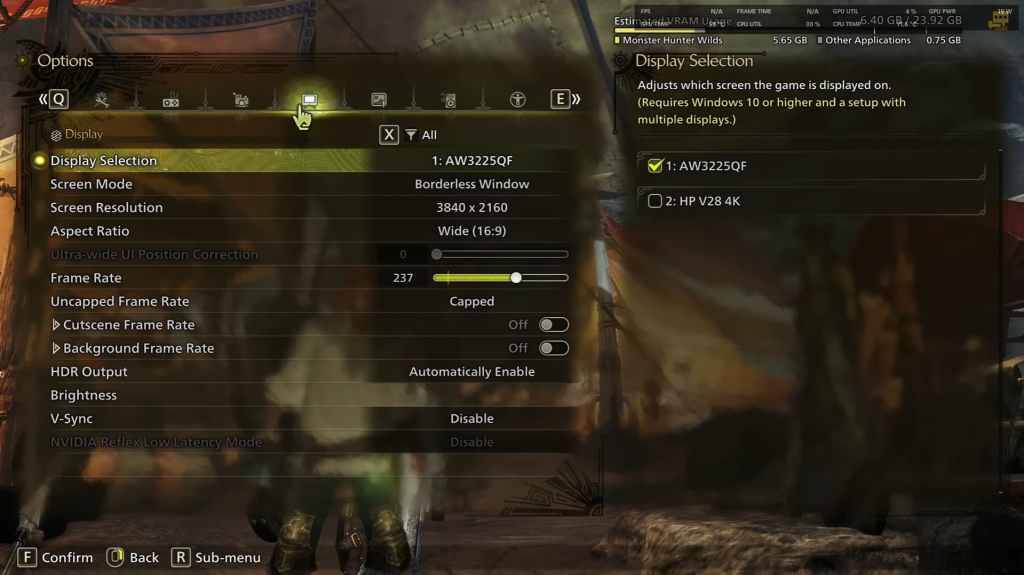 Monster Hunter Wilds ရှိ display settings ၏မျက်နှာပြင်များ