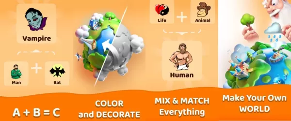 elements being merge to create a planet with humans and animals