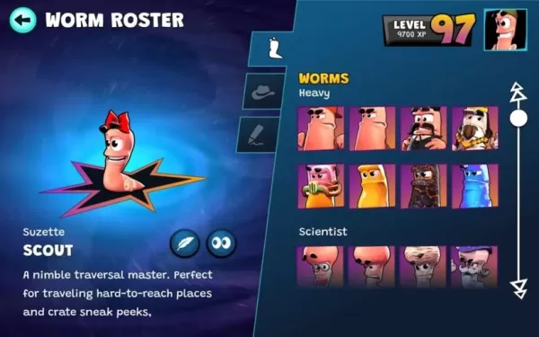Worms Across Worlds character selection screen featuring various worm fighters