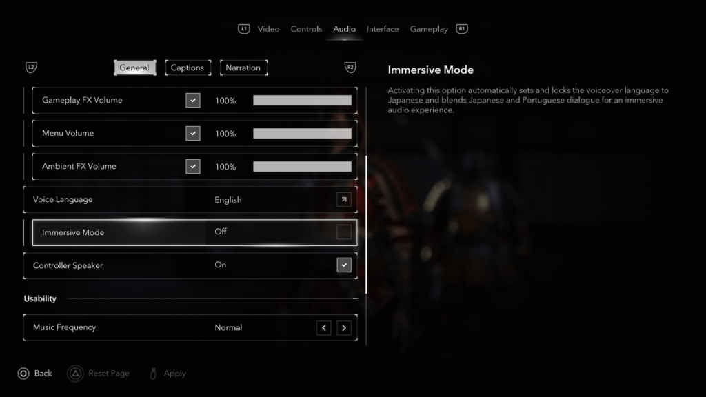 Opciones de audio de Assassin's Creed Shadows, modo inmersivo resaltado