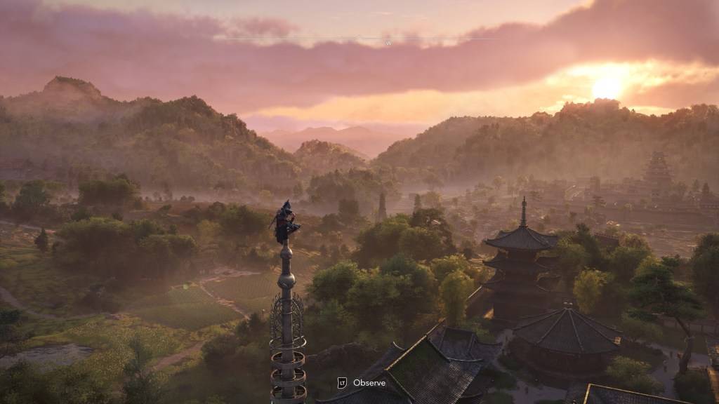 Naoe準備通過Ubisoft在 *刺客信條陰影中同步後觀察一個區域